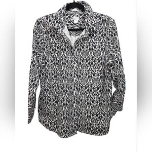 Chico's Monochrome Geometric Button-Down Shirt No Iron Stretch Ikat Size 2 (L)